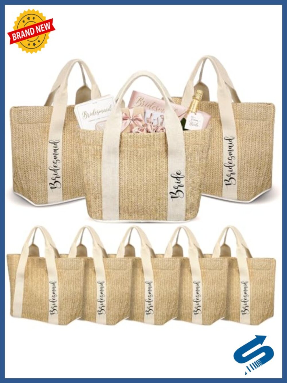 Set of 8 Straw Woven Bachelorette Beach Tote Bags Bridal Party Gift